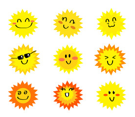 Sun on a white background. A collection of different suns. Vector illustration. 