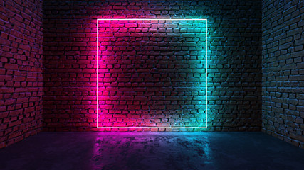 Square shaped glowing neon frame on brick wall in dark room