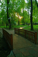 small wooden bridge in the Park in spring, Moscow.