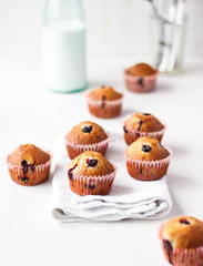 berries muffins or cupcakes with mint leaves on white texture. 