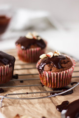 Close up of cocoa muffins with chocolate icing 