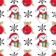 Christmas seamless pattern with snowman, fir trees and snowflakes. Perfect for wallpaper, wrapping paper, pattern fills, winter greetings, web page background