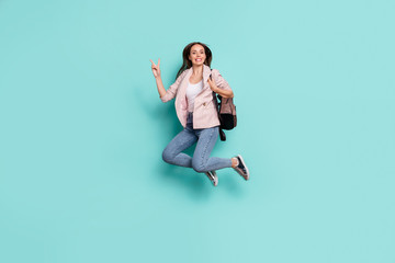Full length body size view of nice-looking attractive optimistic cheerful cheery straight-haired...