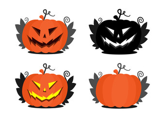 Set of several different halloween pumpkins. Autumn pumpkins with and without a face. Jack s head is silhouette and colored.