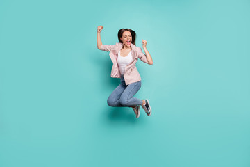 Full length body size view of her she nice-looking attractive pretty cheerful cheery straight-haired lady having fun isolated over bright vivid shine blue green teal turquoise background