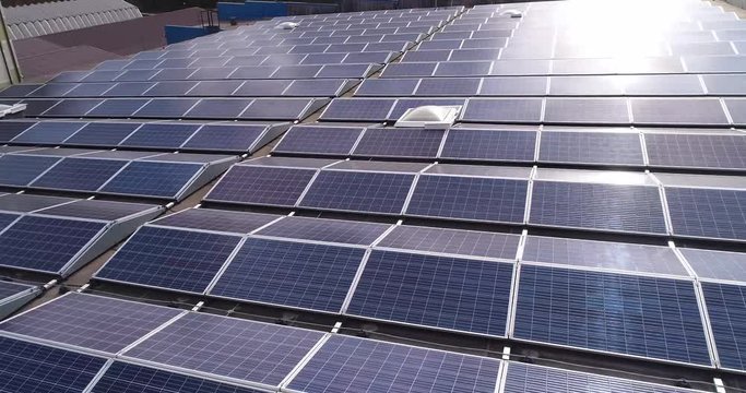 Closeup shot of solar panels on factory roof