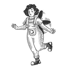 Fabulous girl with propeller on her back sketch engraving vector illustration. Tee shirt apparel print design. Scratch board style imitation. Black and white hand drawn image.