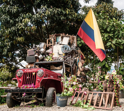 01-03-2019; Salento, Quind&iacute;o, Colombia. A Willys Jeep of the 60s actually used as photographic set,  traditionally was used by Colombian who live in the coffee district to transport their belongings.