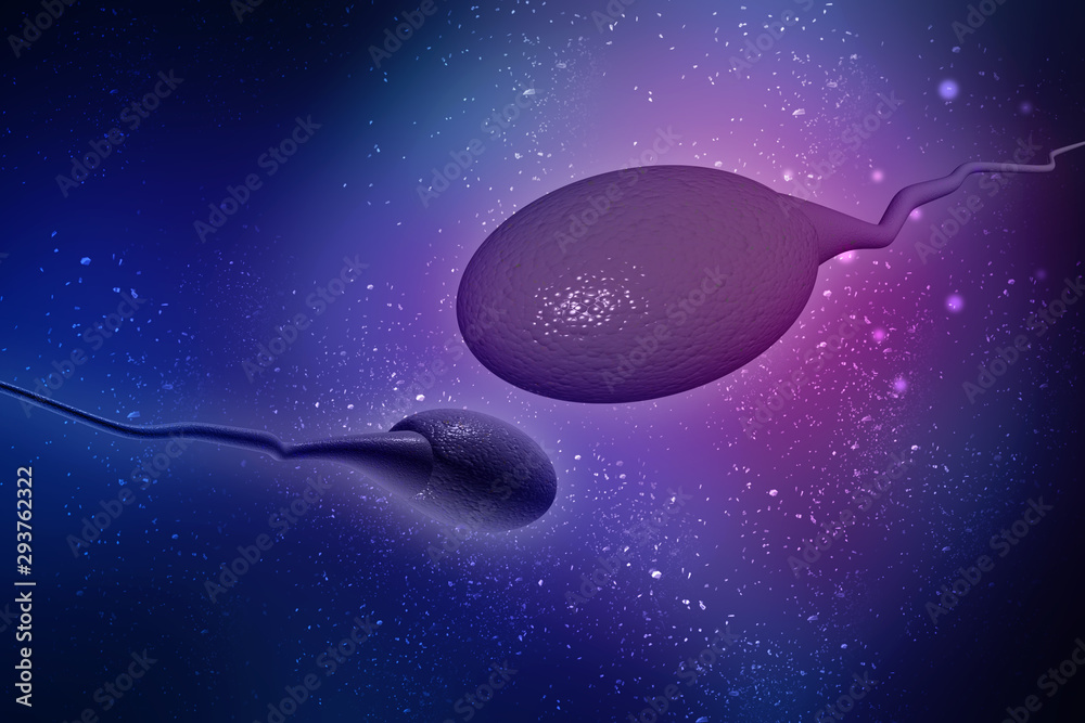 Poster 3d illustration showing sperms and egg