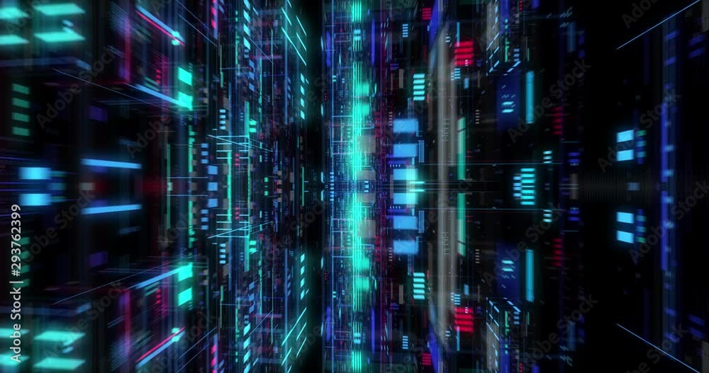 Poster seamless loop of abstract matrix hologram digital data flow. fly through time and space, warp throug