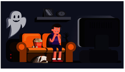 man watching horror movie scary with sleeping dog and ghost in night illustration