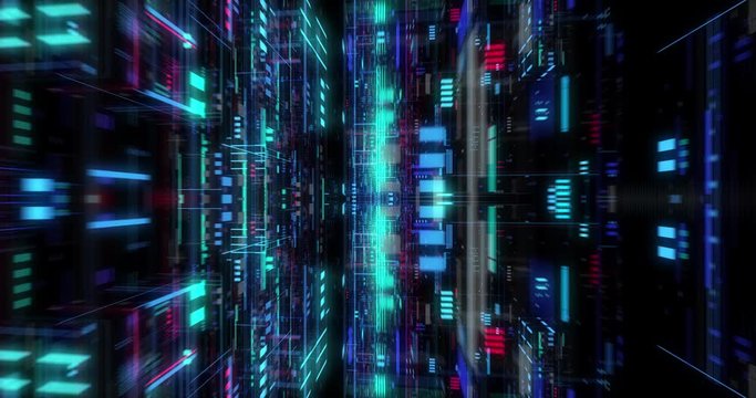 Seamless loop of abstract matrix hologram digital data flow. fly through time and space, warp through science fiction binary code particles network. Science and Technology concept. 3D render