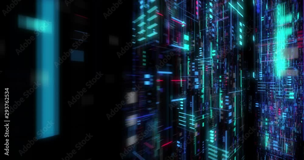 Poster seamless fly through of abstract circuitry with digital grid background, data deep learning computer