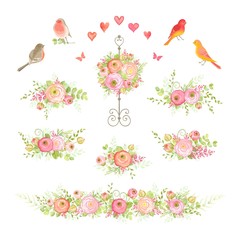 Set of flowers Ranunculus, leaves, branches, birds, hearts and butterflies. Vector floral decorations in vintage style for your design.