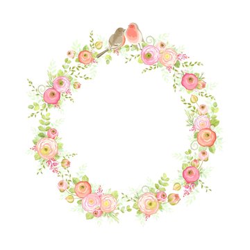 Floral frame with flowers Ranunculus, leaves, branches and birds. Vector illustration in vintage style. Wedding design.