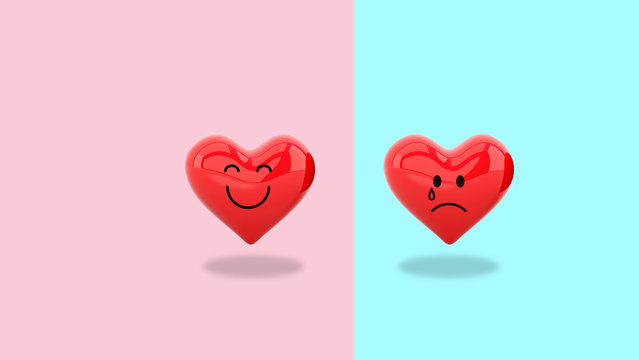 one happy heart with one sad heart,3d rendering,Happy Valentines Day concept