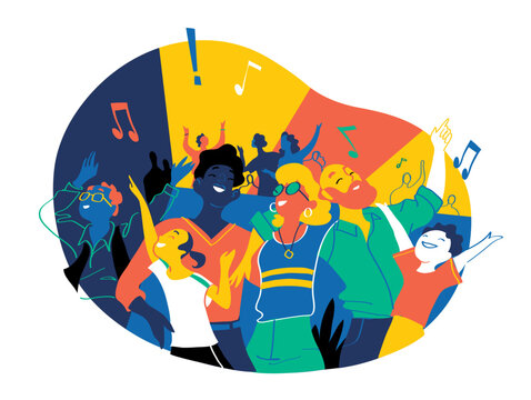 Group of people of different ages is happy to be together dancing and celebrating a special event. Happy family enjoy concert, music festival, party, show, performance, recital. Vector illustration
