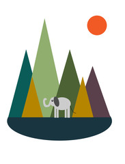 Elephant in mountains in scandinavian style; motivational and inspirational concept