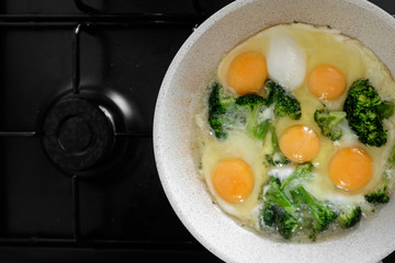 fried eggs with broccoli in a pan