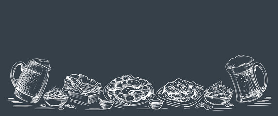 Beer and snack menu design, sketch on a chalkboard. Drinks with foam in mugs and glasses, a set of food, chips, sausages, french fries, nuts, fried squid. Wide horizontal vector on a dark background