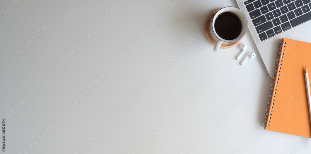 Sticker overhead shot of comfortable workplace with notebook on white desk background
