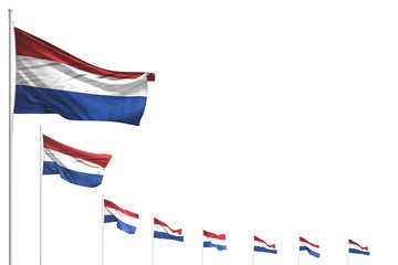 cute many Netherlands flags placed diagonal isolated on white with place for your text - any feast flag 3d illustration..