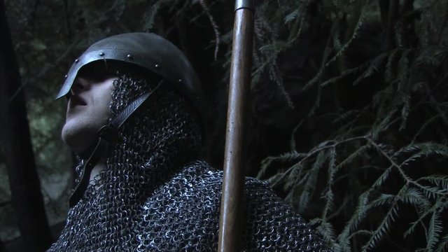 A medieval knight is ambushed in the woods and knocked down
