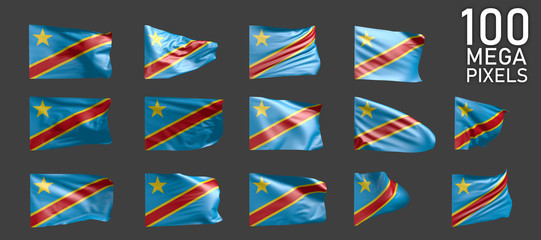 14 various pictures of Democratic Republic of Congo flag isolated on grey background - 3D illustration of object