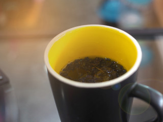 The leaves in a glass of hot tea in the morning sun