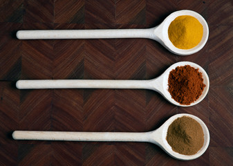 Turmeric, nutmeg and paprika arranged on wooden spoons