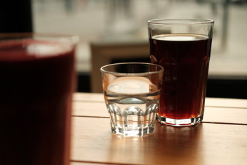 alternative coffee and a glass of water. close-up