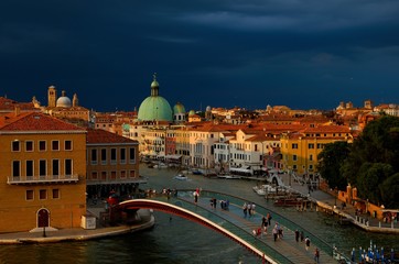 Venice in Italy in the evening. View from the upper deck of a parking garage.