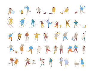 Winter outdoor activities - skating, skiing, throwing snowballs, building snowman. Crowd of happy people in warm clothes. Vector characters set.