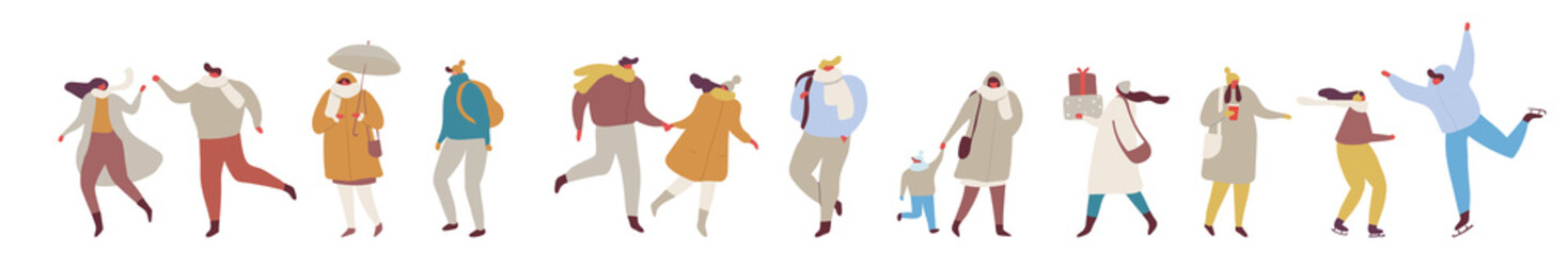 Crowd of people horizontal banner. Various Winter People dressed in outerwear. Male and female flat characters isolated on white background.