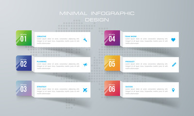 Infographic template with 6 options, workflow, process chart,Timeline infographics design vector can be used for workflow layout, diagram, annual report, web design, steps or processes. - Vector