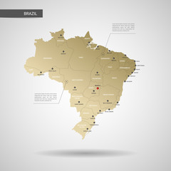 Stylized vector Brazil map.  Infographic 3d gold map illustration with cities, borders, capital, administrative divisions and pointer marks, shadow; gradient background.