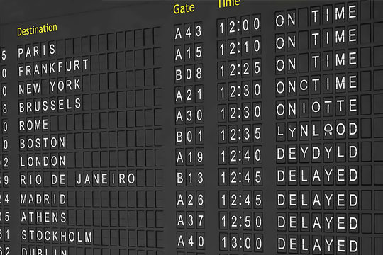 Departures board at the airport. Flight information electronically timetable. Split flap mechanical departures board. Flight schedule. Scoreboard flights