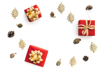 Red And Gold Christmas Gifts On White Background