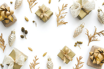 Christmas Background With Small Christmas Gifts In Gold And White