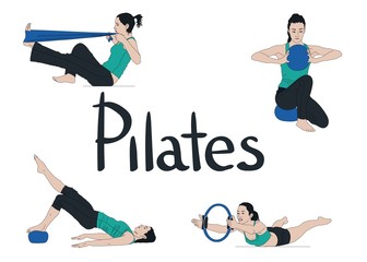 Set of woman exercising and stretching while doing pilates isolated on white. - obrazy, fototapety, plakaty