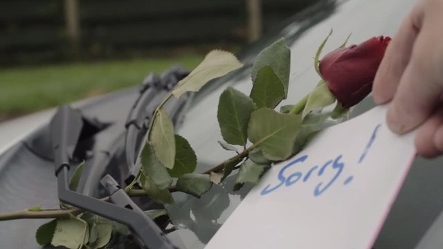Handwritten note and red rose left on windscreen to say sorry