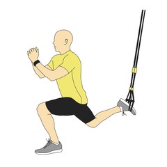 Illustration of man doing TRX suspended lunge with ropes isolated on white.