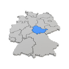 3d Illustation - Deutschlandkarte in grau mit Fokus auf Thüringen in blau - 16 Bundesländer