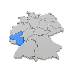 3d Illustation - Deutschlandkarte in grau mit Fokus auf Rheinland-Pfalz in blau - 16 Bundesländer