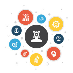 focus Infographic 10 steps pixel design.target, motivation, integrity, process icons