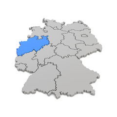 3d Illustation - Deutschlandkarte in grau mit Fokus auf Nordrhein-Westfalen in blau - 16 Bundesländer