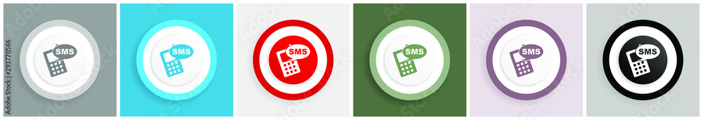 Aufkleber sms icon set, colorful flat design vector illustrations in 6 options for web design and mobile appli