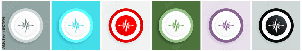 Fototapete compass icon set, colorful flat design vector illustrations in 6 options for web design and mobile a