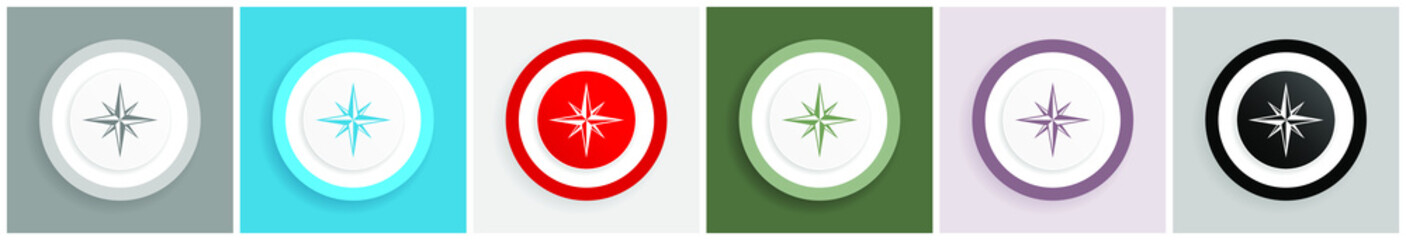 Compass icon set, colorful flat design vector illustrations in 6 options for web design and mobile applications
