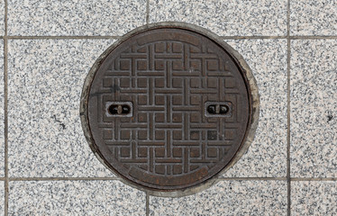 Rusty manhole cap, grunge manhole cover, round
